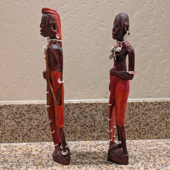 Vintage Hand Carved Wooden African Man & Woman Warrior Statues - Picture 2 of 7